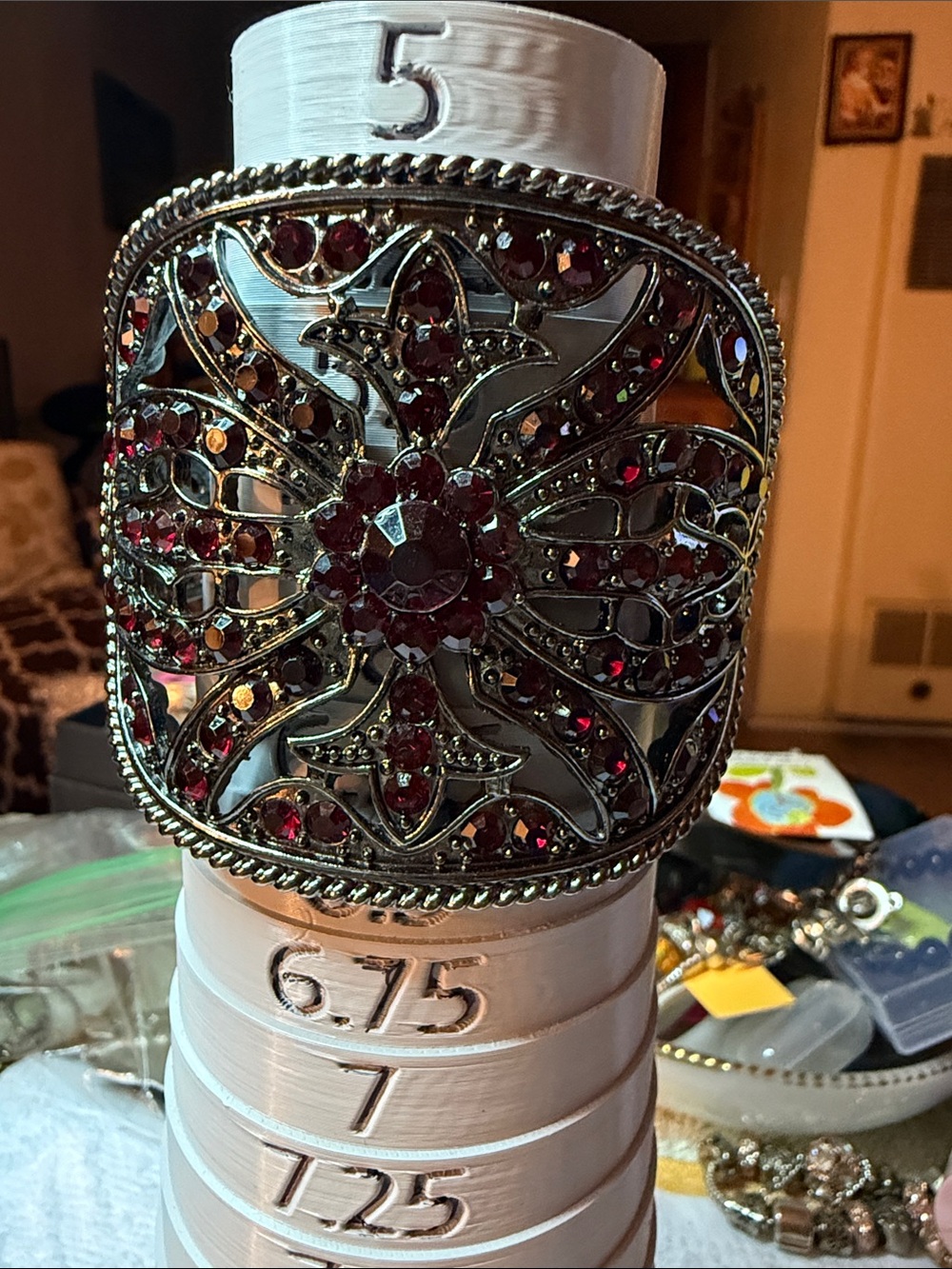 Antique-Style Deep Red Crystal Filigree Hinged Cuff Bracelet